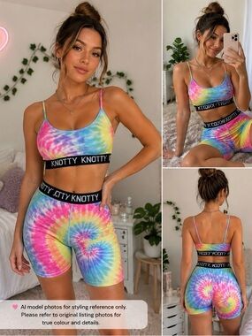 Knotty Knickers Rainbow Tie Dye Matching Lounge Set L XL Y2K Festival